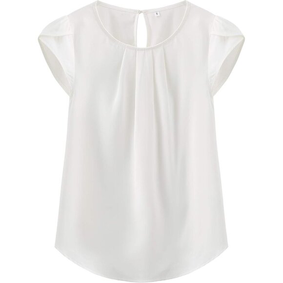 Tops - Women's Chiffon Pleated Cap Sleeve Blouse Curved Hem Casual Office Wear